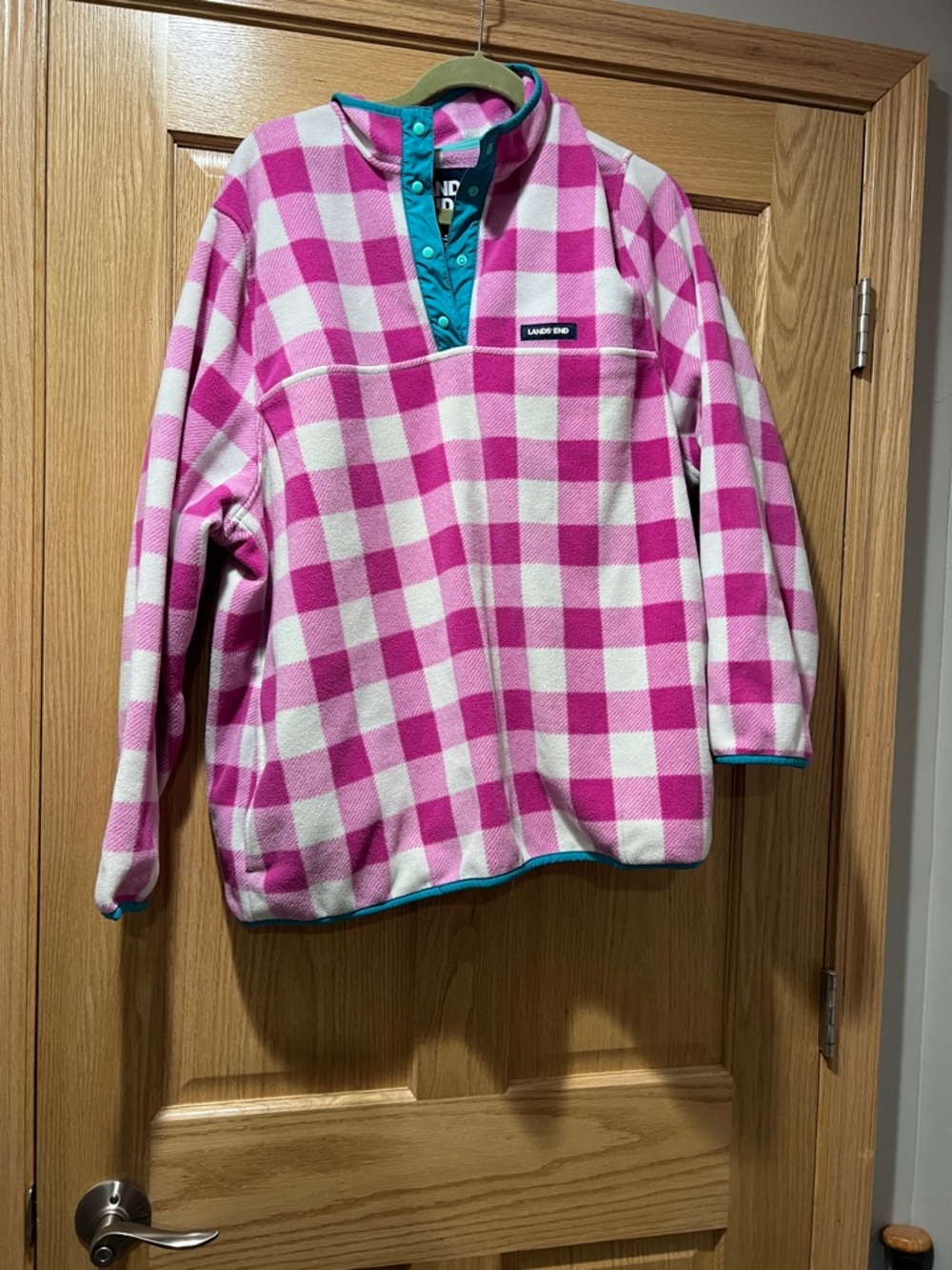 Lands' End Pink and White Check Fleece Pullover with Teal Trim